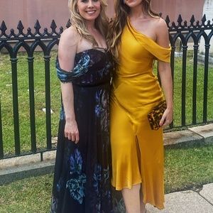 AINEA gold yellow off the shoulder midi dress